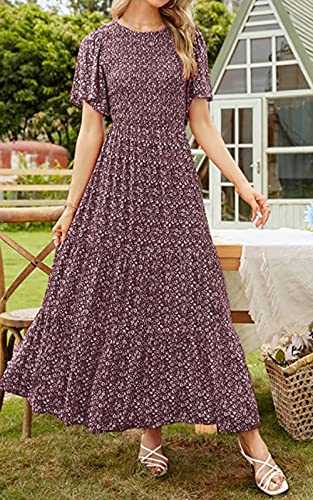 PRETTYGARDEN Women's 2026 Spring Casual Flutter Short Sleeve Boho Floral Maxi Dress Crew Neck Smocked Tiered Long Dresses