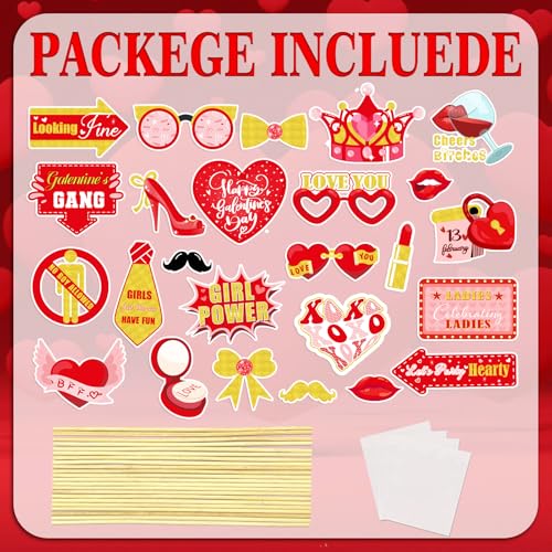 Happy Galentines Day Photo Booth Props Kit, 24 PCS Selfie Photo Booth Accessories with “Happy Valentine’s Day” Signs, Cute...