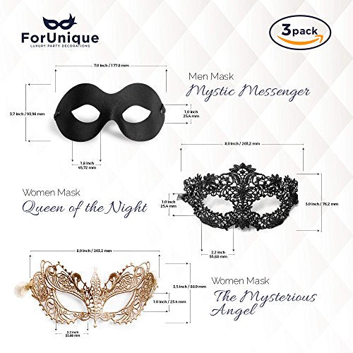 Masquerade Mask for Couples Women and Men - 3 Pack Venetian Gold and Black Lace, Mardi Gras Mask