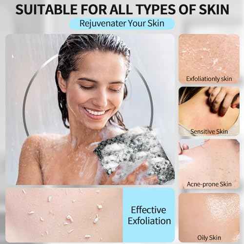 Exfoliating Washcloth Shower Towels, Premium Japanese Exfoliating Body Scrubber, Upgraded Loofah Sponge Rich in Silver Ion and Carbon Fiber, Face & Body Scrub Exfoliator with 2 Levels, Longer