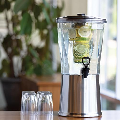 Service Ideas CBDRT3SS Beverage Dispenser, Round, 3 Gallon with Plastic Container and Optional Infuser Tube, Stainless Ste...