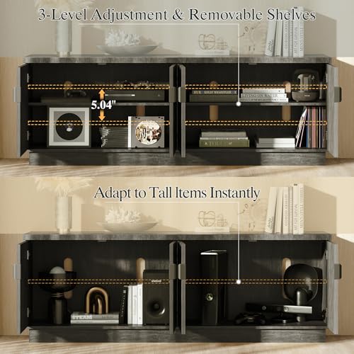 Farmhouse TV Stand for Television Up to 75 Inches, 4 Fluted Doors Rustic Entertainment Center with Storage & Adjustable Shelves, Mid Century Modern Wood TV Consoles for Living Room Bedroom, Black