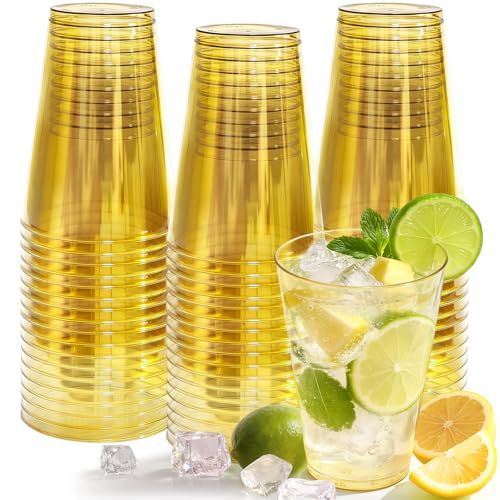 Glowserve 12 oz Plastic Cups Disposable Gold Clear Plastic Christmas Cups Cocktail Glasses 50 Pack Drinking Disposable Cup...