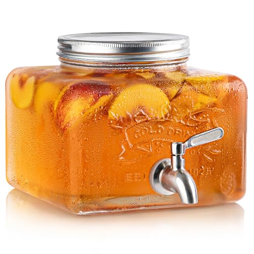 MosJos Glass Drink Dispenser for Fridge - Stainless Steel Spigot Mason Jar Dispenser with Wide Opening & Easy-Fill - Bever...