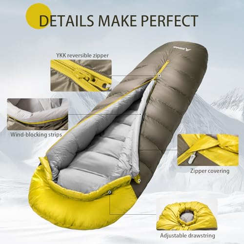 BISINNA Down Mummy Sleeping Bag for Adults 650FP Cold Weather Sleeping Bag 4 Season Compact Sleeping Bag with Compression ...