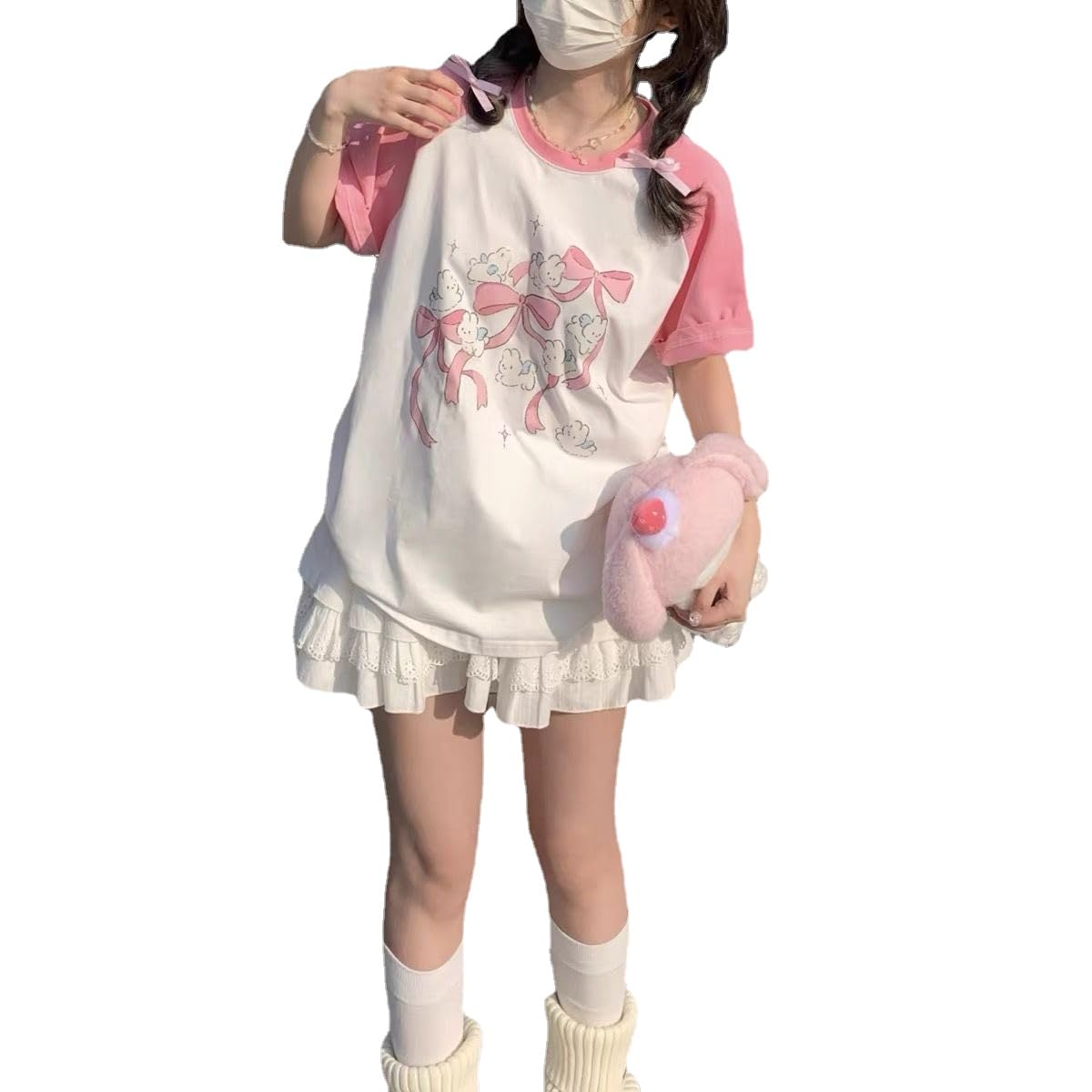 Kawaii Oversized T-Shirt Cute Pink Anime Shirt Japanese Harajuku Patchwork Tee Cartoon Print Loose Teen Girl Plus Size (Pink,Small,Small)