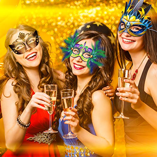 Blulu 24 Pcs Mardi Gras Masks Carnival Parade Faux Feather Face Waterproof Cardboard Masks Masquerade Party New Orleans Fa...