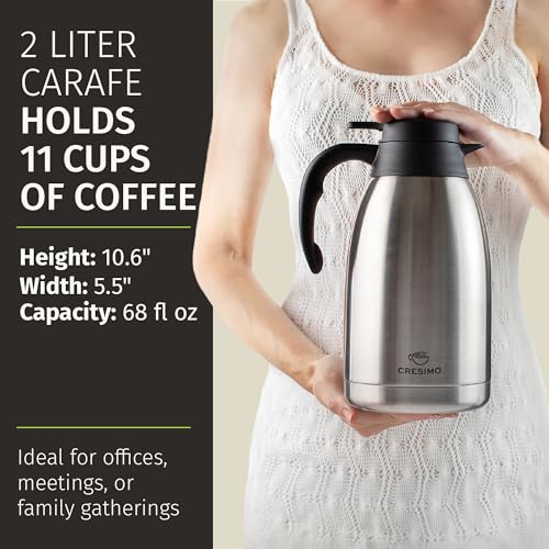 Cresimo Thermal Coffee Carafe 68oz / 2L - 12 Hours Hot Beverage Dispenser, Insulated Stainless Steel Carafe for Liquids, C...