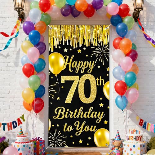 IVN 70th Birthday Door Cover 71x35 Inch Black Gold Birthday Banner for Party Decorations Balloons Stars Fireworks Backdrop...
