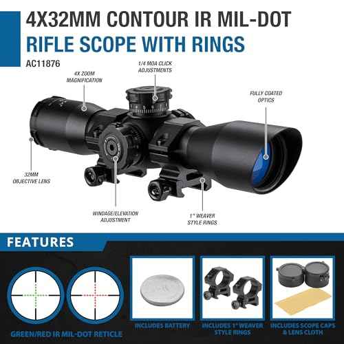 Barska Compact Rifle Scope with Red/Green Illuminated Mil-Dot Reticle ? Side Rheostat, Sunshade, Flip-Up Caps, External Turrets, Waterproof/Fogproof