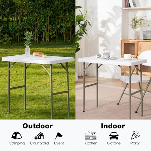 2.7ft Rectangular Folding Table for All-Occasion, Foldable Table with HDPE Tabletop and Steel Legs, Durable and Stable Sma...