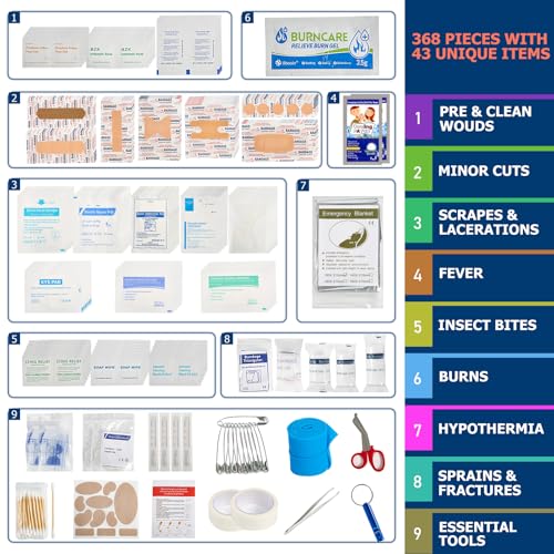 First Aid Kit - 368pcs Waterproof Compact Portable Hard Case - Ideal for Home, Car, Travel, Businesses, Hiking, Vehicle, B...