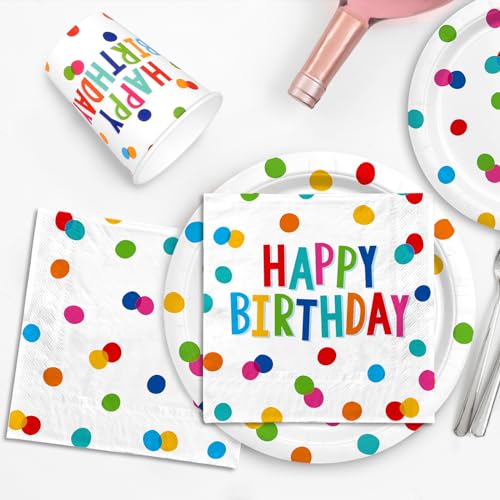 Happy Birthday Decorations: Happy Birthday Party Supplies Set with Birthday Dots Design- Includes Disposable Paper Birthda...