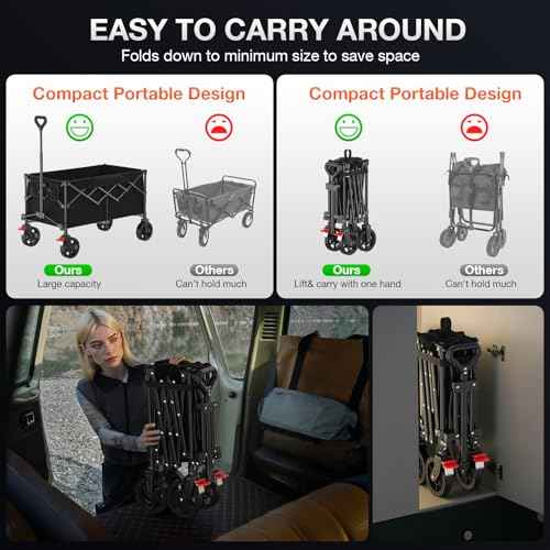 180L Large Capacity Collapsible Wagon Carts with Wheels,Foldable Wagon with 330LBS,Heavy Duty Shopping Cart,Portable Wagons Carts Foldable for Beach,Sports,Garden,Laundry,Outdoor-Black