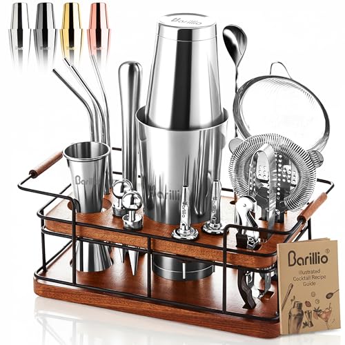 Barillio Bartender Kit – 23-Piece Stainless-Steel Cocktail Shaker Set with Premium African Mahogany Stand | Martini Barwar...