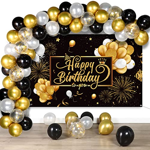Tatuo Black and Gold Birthday Party Decorations 50 Pieces Gold Black Balloon Arch Garland Kit Happy Birthday Backdrop Bann...