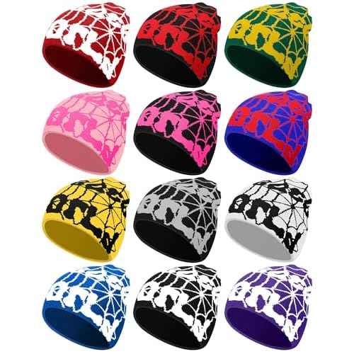 Toulite 12 Pieces Y2K Spider Web Beanie Gothic Graphic Beanies Outdoor Winter Warm Knitted Hat for Men Women
