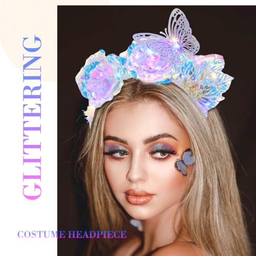 Aceorna Light Up Laser Flower Headbands LED Butterfly Hair Bands Glitter Rave Costume Hair Accessories for Women
