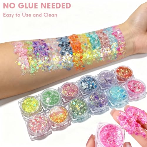 CNDNO 12 Colors Glow in The Dark Glitter Gel,Makeup Chunky Fine Glitter for Women, UV Black Light Body/Face/Hair/Eyeshadow...