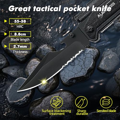 7-in-1 Tactical Survival Knife - Glass Breaker, Seatbelt Cutter, Serrated Steel Blade, Firestarter, LED Flashlight, Bottle...