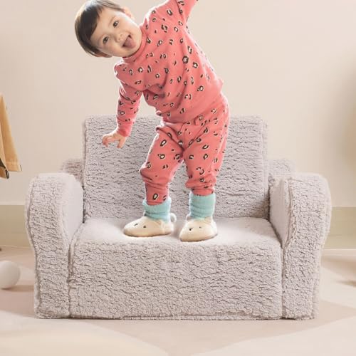 MOMCAYWEX Kids Sofa, 2-in-1 Flip-Out Foam Couch with Soft Sherpa Cover, Cozy Play Lounge Chair, Grey