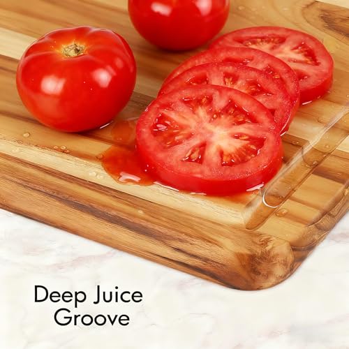 Zovano 3-PieceTeak Wood Cutting Board Set with Stand for Kitchen, Chopping Boards with Deep Juice Groove, Charcuteire Butc...