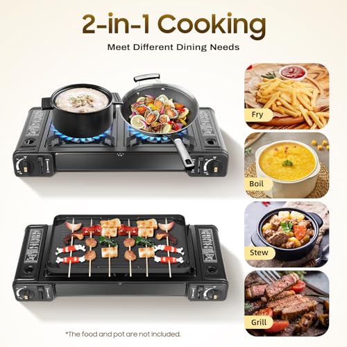Camping Stove, Portable Butane Camping Stove, Propane Stove 2 Burner Propane Gas Stove, Double Auto Ignition Camping Burne...