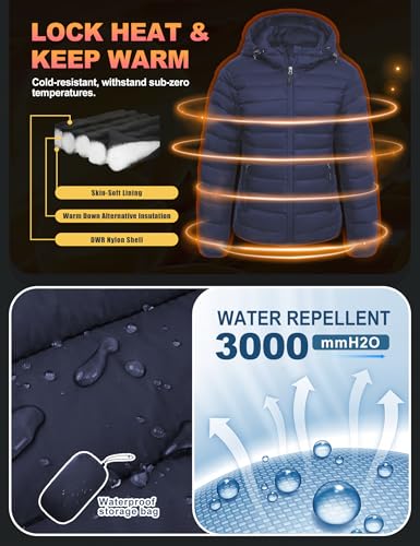 Women's Lightweight Packable Puffer Jacket Quilted Insulated Warm Winter Coat Full-Zip Hooded Outerwear for Hiking Travel