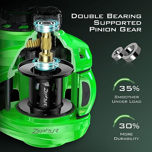 KastKing Zephyr Baitcasting Fishing Reel, Right Handed, Green & 7'4" M & MH Casting Rod Combo