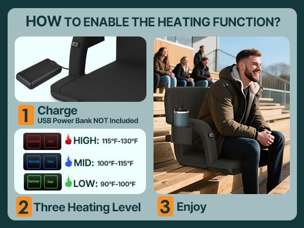 HOPERAN 21" 2pcs Dual-Sided Heated Stadium Seats for Bleachers with Back Support, 3 Levels Heating Stadium Seating for Bleachers Seat with Backrest, 5 Pockets Portable Stadium Chair for Outdoor