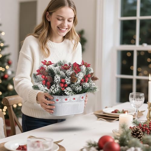 Christmas Centerpiece Table Decorations Artificial Norfolk Pine Branches with Poinsettia Flowers, Pine Cones & Berries in ...