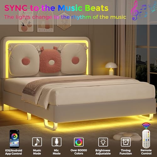 Bed Frame Queen with Boucle Upholstered Headboard, Girls Bed, Solid Wood Slats Support, Fully Upholstered Mattress Foundation/No Box Spring Needed/Easy Assembly, White Bed Frame Queen