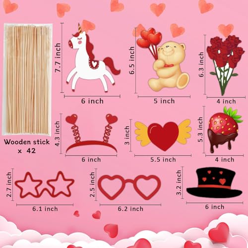 Leesgel 42 Pieces Valentine Photo Booth Props, Valentines Wedding Photo Booth Prop with Sticks and Banner, Red Heart Party...