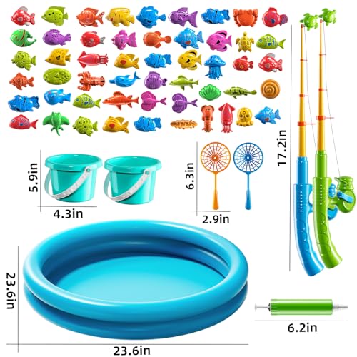 NIPLOOOW Pool Fishing Toys Games, Water Table Bathtub Toy with Inflatable Pool Pole Rod Net Plastic Floating Fish, Birthda...