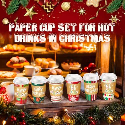 Sunnychicc 120 Sets Christmas Coffee Cups with Lids and Sleeves Stirrers Christmas Disposable Hot chocolate Cocoa Paper Cu...