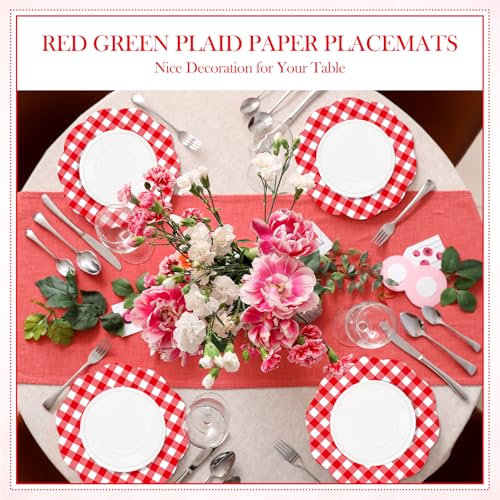 Tinlade 80 Pcs Red Gingham Paper Placemats Spring Summer Buffalo Plaid Disposable Scalloped Place Mats 13 Inch Red and Whi...