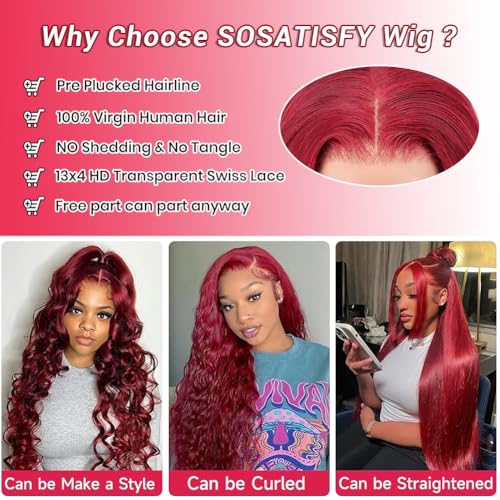 SOSATISFY Body Wave 99J Burgundy Lace Front Wigs Human Hair 200% Density 13x4 Glueless HD Transparent Wine Red Wigs for Women Human Hair Pre Plucked with Baby Hair (20 inch)