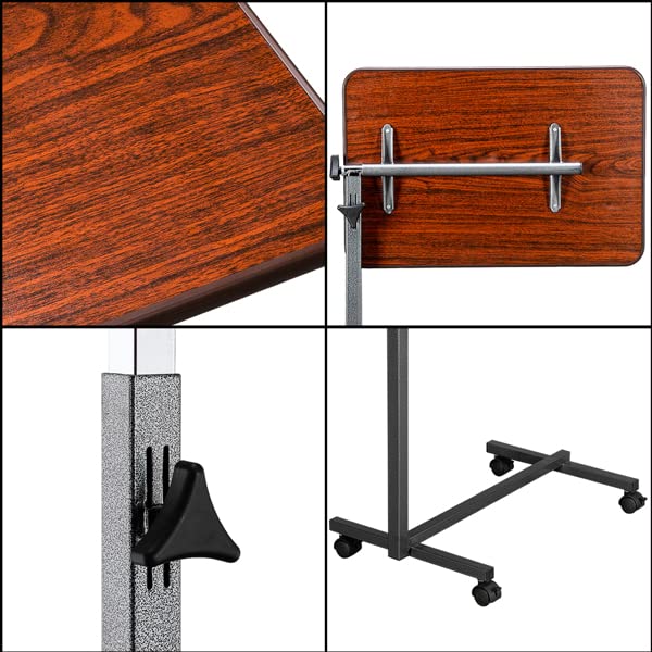 Overbed Table with Wheels | Flat Rolling Bed Side Tray Table for Medical or in-Home Use | Height Adjustable Hospital Table with Locking Casters (Wood Grain)