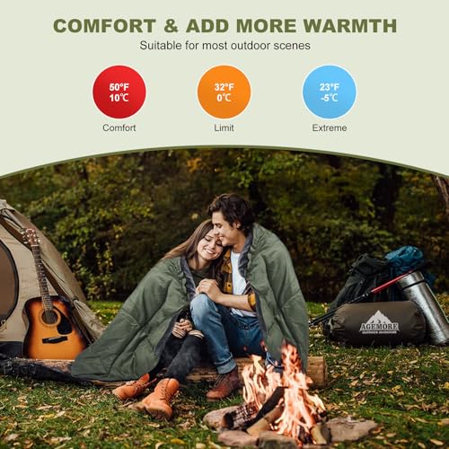 AGEMORE Cotton Flannel Double Sleeping Bag with Fleece Lined Hood, Waterproof Queen Size 2 Person Sleeping Bag for Adults ...