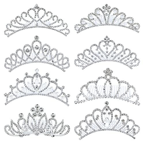 inSowni 8 Pack Decorative Silver Metal Princess Birthday Party Prom Wedding Pearl Rhinestone Crown Hair Side Combs Slides ...