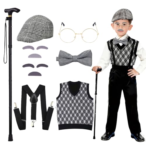 LUMIDEXA Kids 100 Days of School Costume for Boys, 8pc Old Man Costume Set, Grandpa Cosplay Parties with Many Parts