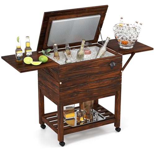 Tangkula Rolling Wooden Patio Cooler Cart, 54 Quart Outdoor Ice Chest Cooler Cart with 2 Drop Leaf Tables, Bottle Opener &...