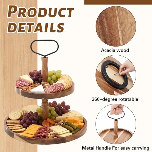 LemonRoad 2 Tiered 360° Rotatable Acacia Charcuterie Boards gift Large Wood Serving Tray Charcuterie cake stand,Perfect fo...