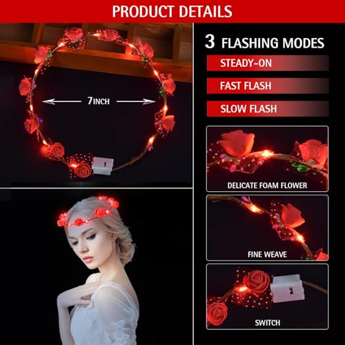 YOFOBU 24PCS LED Flower Crown,Red Light Up Flower Headband for Women,Glow in The Dark Flower Wreath Crowns for Weddings,Br...