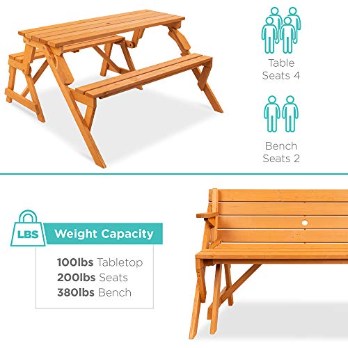 Best Choice Products 2-in-1 Transforming Interchangeable Outdoor Wooden Picnic Table Garden Bench for Backyard, Porch, Pat...