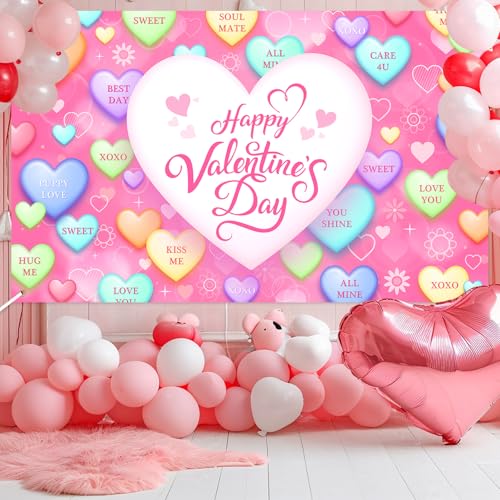 Mocsicka Valentines Day Backdrop Sweet Conversation Hearts Valentines Day Banner Party Decorations Photo Booth Props (Pin...