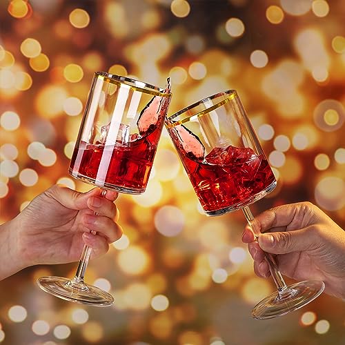 Yaomiao 12 Pack Clear Plastic Disposable Wine Glasses with Stem 10 Oz Gold Rimmed Reusable Wine Glasses Cups for Wedding A...