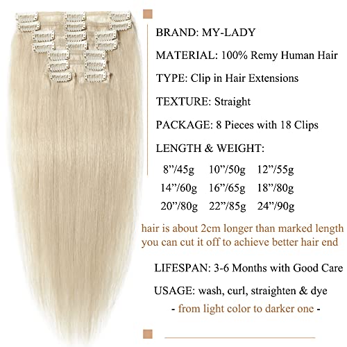 MY-LADY Clip in Hair Extensions Real Human Hair Platinum Blonde 22 Inch 85g Remy Hair 8pcs Weft Balayage Full Head Natural Straight for Women