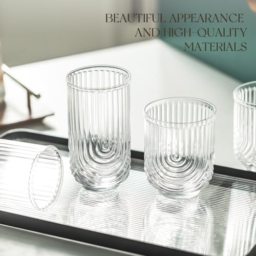 Art Deco Cocktail Glasses, Ribbed Drinking Glasses Set Of 8,14 oz Highball Glasses & 12 oz Cocktail Glasses Set, Kitchen W...