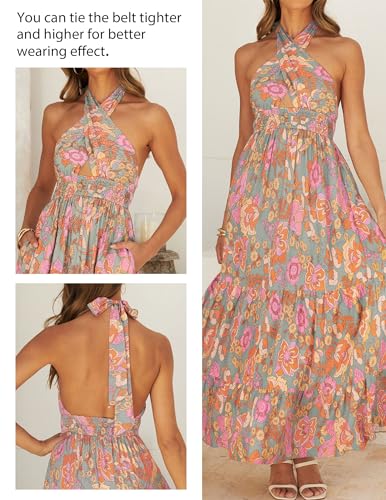 ZESICA Women's 2026 Summer Crossover Halter Neck Sleeveless Plaid Cut Out Backless Flowy A Line Maxi Dress